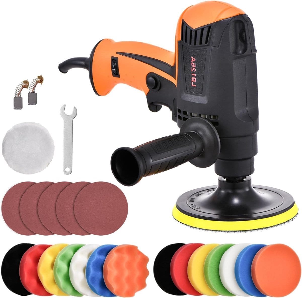 Klarven® Polijstmachine Auto Zwart/Oranje - 6 Snelheden - Ergonomisch en Lichtgewicht - 6 Polijstschijven - B 21 x D 21 x H 21 cm