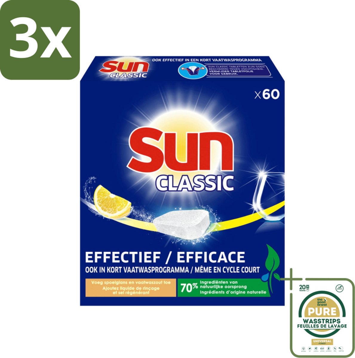 3 x Sun Classic - Vaatwastabletten - Voordeelverpakking - Citroen - 60 Tabletten - Grootverpakking - Vaatwastabletten - Citroengeur - Vaatwasser - Fosfaatvrije - Milieuvriendelijk
