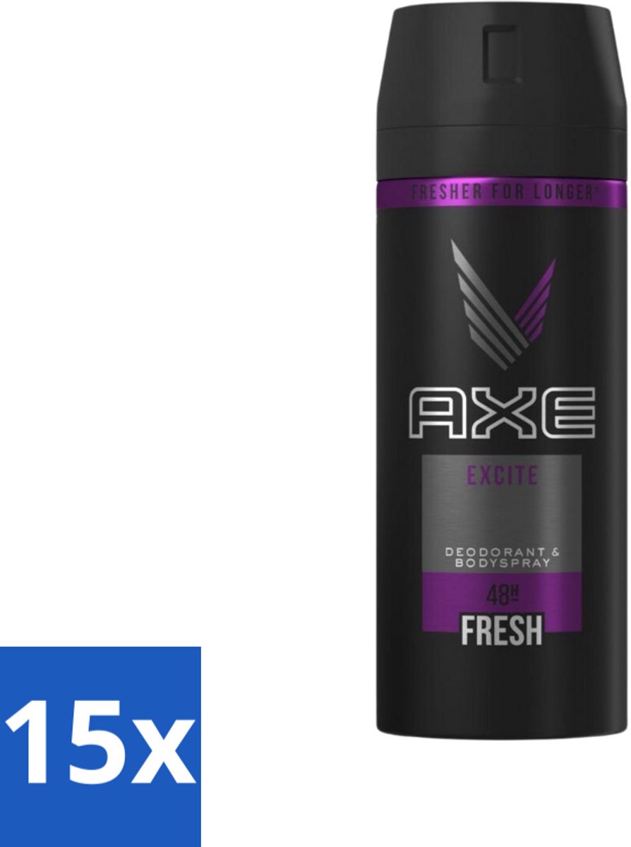 15 x Axe - Deodorant Bodyspray - 48hrs Fresh - Excite - 150 ml - 48 Uur Fris - Deodorant Spray - Kokosnoot Geur - Zwarte Peper Geur - Frisheid