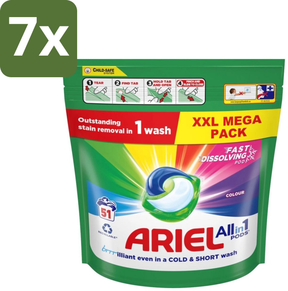 7 x Ariel Color - Wasmiddelcapsules - All-in-1 Pods - Gekleurde Was - 51 Wasbeurten - Wasmiddelcapsules - Kleurbescherming - Wasbeurten - Vlekverwijdering - Koudewas