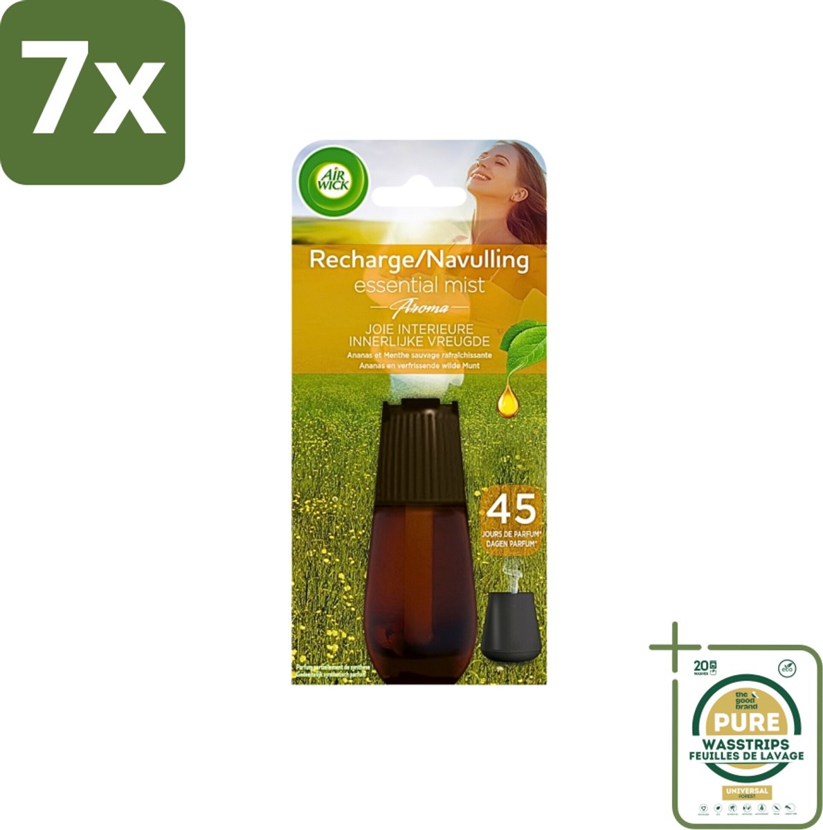 7 x Air Wick Essential Mist - Navulling - Happiness - Ananas & Wilde Munt - 20ml - Grootverpakking - Navulling - Geurverspreider - Aromatherapie - Ananas - Wilde Munt