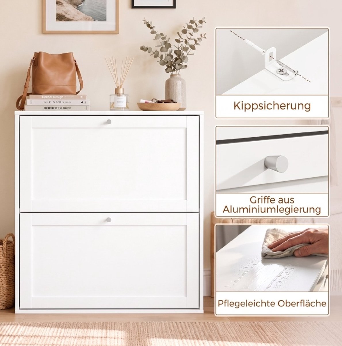 OKWISH Schoenenkast Met 2 Klapdeuren En Verstelbare Legplanken Voor 8 Paar Schoenen Wit 80 X 20 X 84 Cm