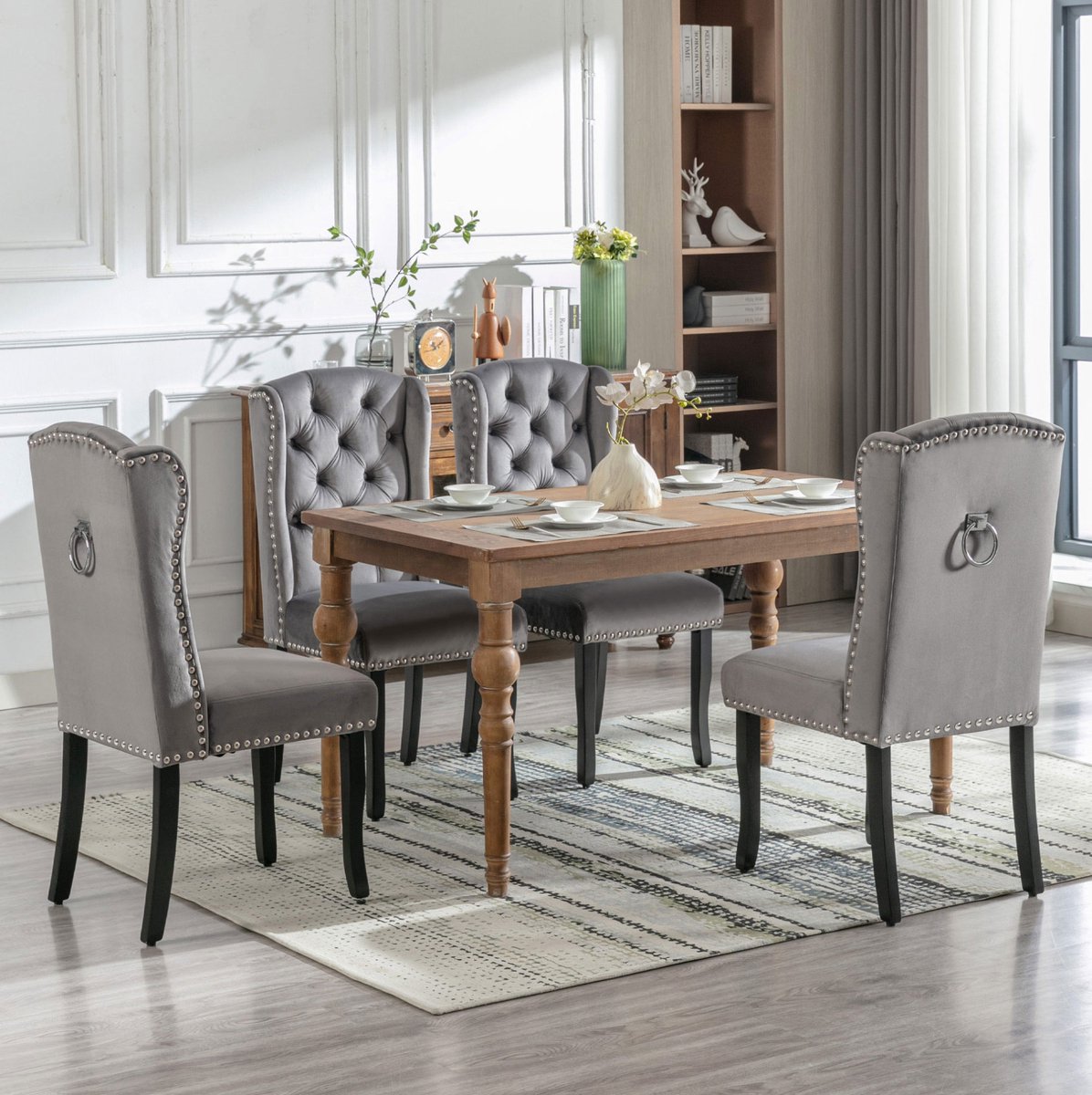 Wishdor Eetkamerstoel - Set van 4 - Hoge rugleuning en knoopdetails - Gestoffeerd en gewatteerd - Modern design - Eetkamer woonkamer - Velvet - Grijs - 61 x 45 x 100 cm