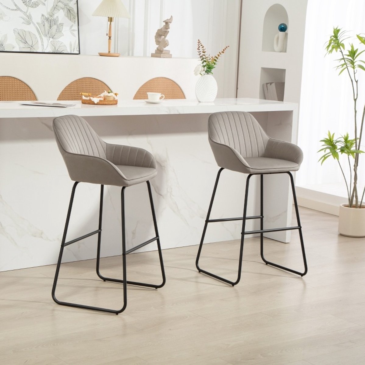 MIVRAY Barkruk Set Van 2 Grijze Stoffen Barstoelen Met Rugleuning En Armleuningen Voor Keuken Eiland En Bar Metaal Grijs