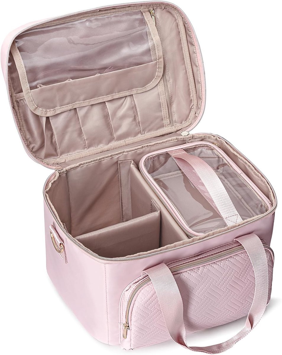 Elegante Roze Make-up Tas voor Vrouwen met 2 Individuele Compartimenten, Ideaal voor Reizen en Organisatie van Schoonheidsproducten