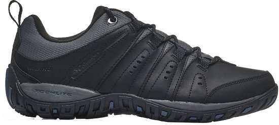 Zij-aanzicht van zwarte Columbia wandelschoen met donkerblauwe zool en grijze accenten.