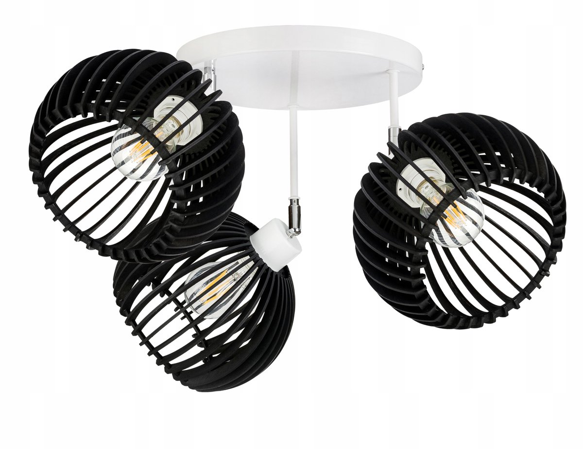 Loft Plafondlamp met Houten Kappen, 3xE27, Verstelbaar