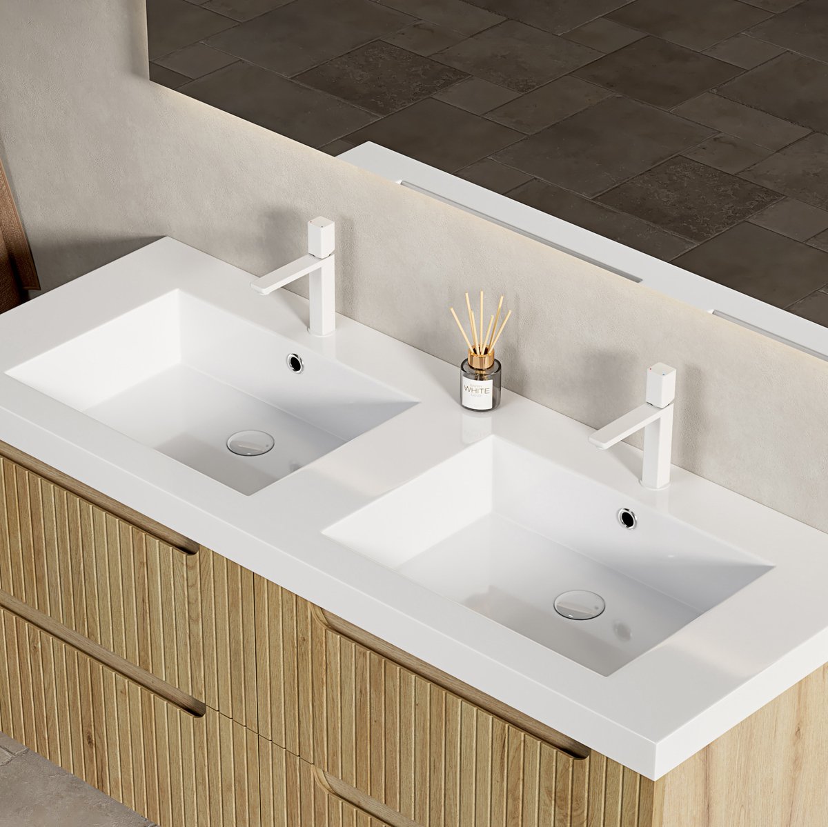 OKWISH Wastafel 120 Cm Dubbele Wastafel Zonder Onderbouwkast Zonder Kraan Met Overloop Voor Badkamer Resin Wit