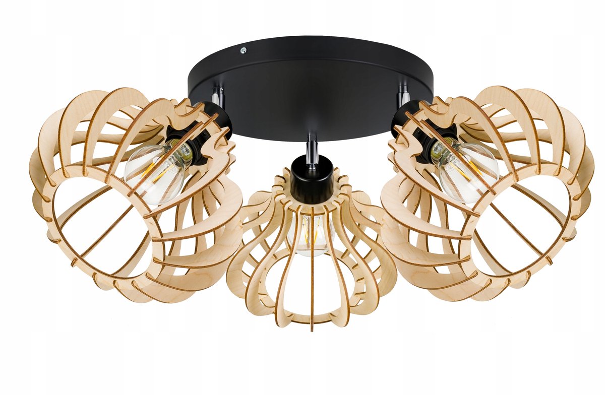 Merkloze Plafondlamp Loft met Houten Kappen, 3xE27