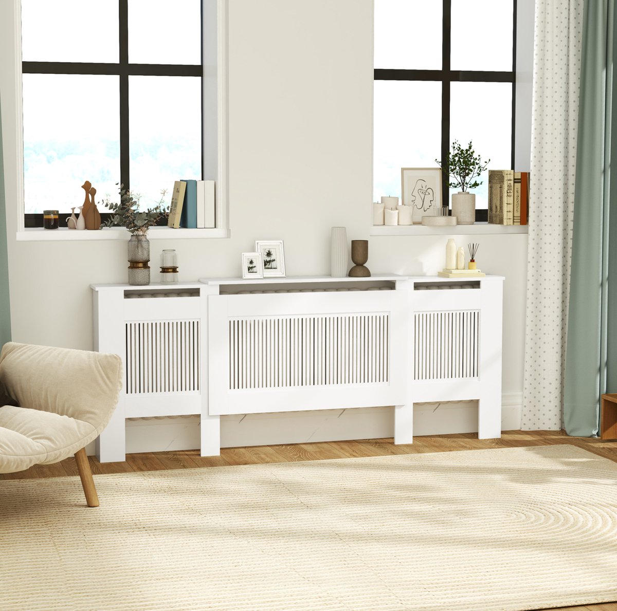 REDOM - Radiatorombouw - Uitschuifbaar - Met plank - Lamellenfront - Scandinavisch & Basic - Woonkamer - MDF en spaanplaat - Wit - 125-201 x 19 x 81,5 cm