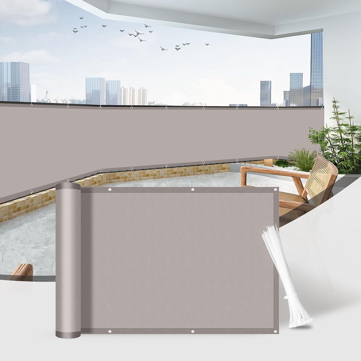 Privacy Scherm voor Balkon en Tuin, 70 x 300 cm, UV-Bestendig en Winddicht, Inclusief Kabelbinders, Taupe