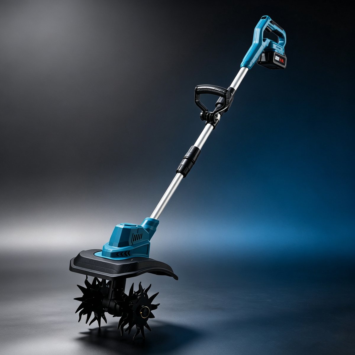 Deze elektrische snoerloze grondfrees werkt op een 48V-accu en is voorzien van stalen messen en een accuniveau-indicator Hij is geschikt voor het bewerken van gazons en tuingrond Afmetingen 68*28*23 cm blauwzwart