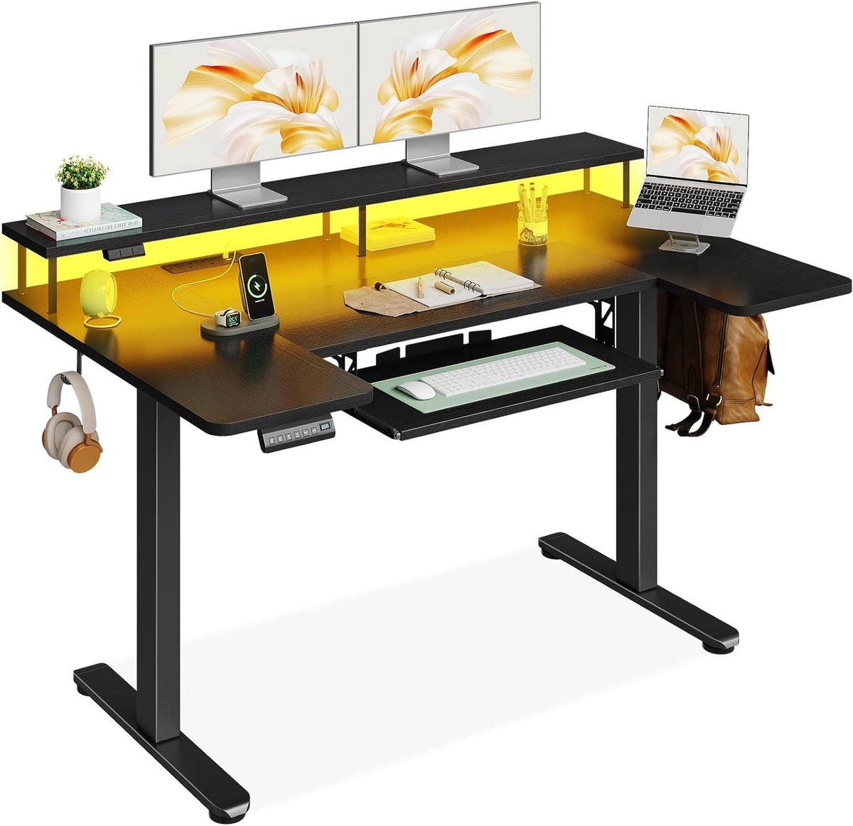 Verstelbaar bureau - Sta bureau - Comfortabel werken - Ingebouwde lader - 140 cm breed - Zwart