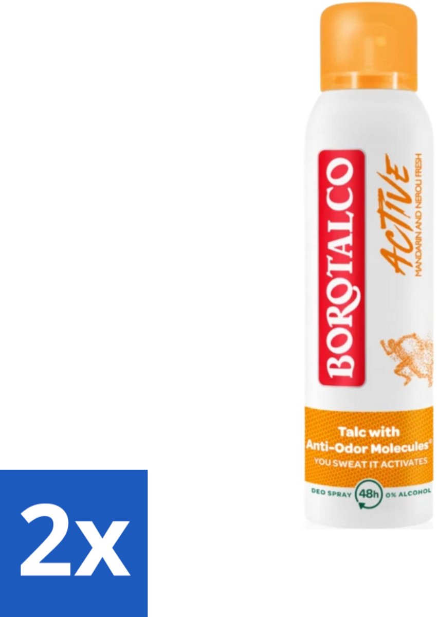 2 x Borotalco - Deodorant Spray - Active - Mandarin & Neroli Fresh - 0% Alcohol - 150 ml - Deodorant Spray - Antitranspirant - Mandarijn - Neroli - Frisse Geur