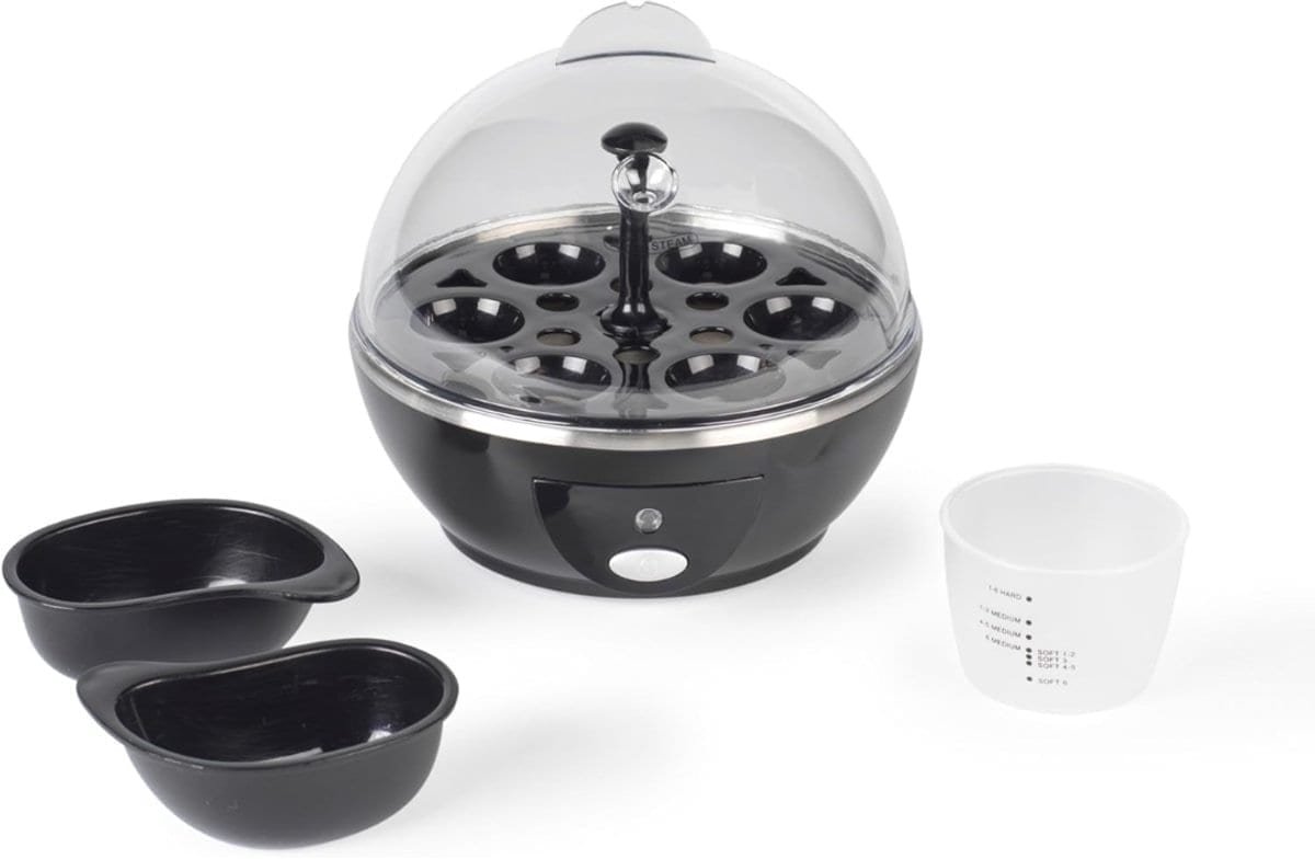 Klarven® Eierkoker electrisch - Met timer, capaciteit 6 eieren, inclusief pocheerbakjes - Zwart - B 16 x D 16 x H 16 cm