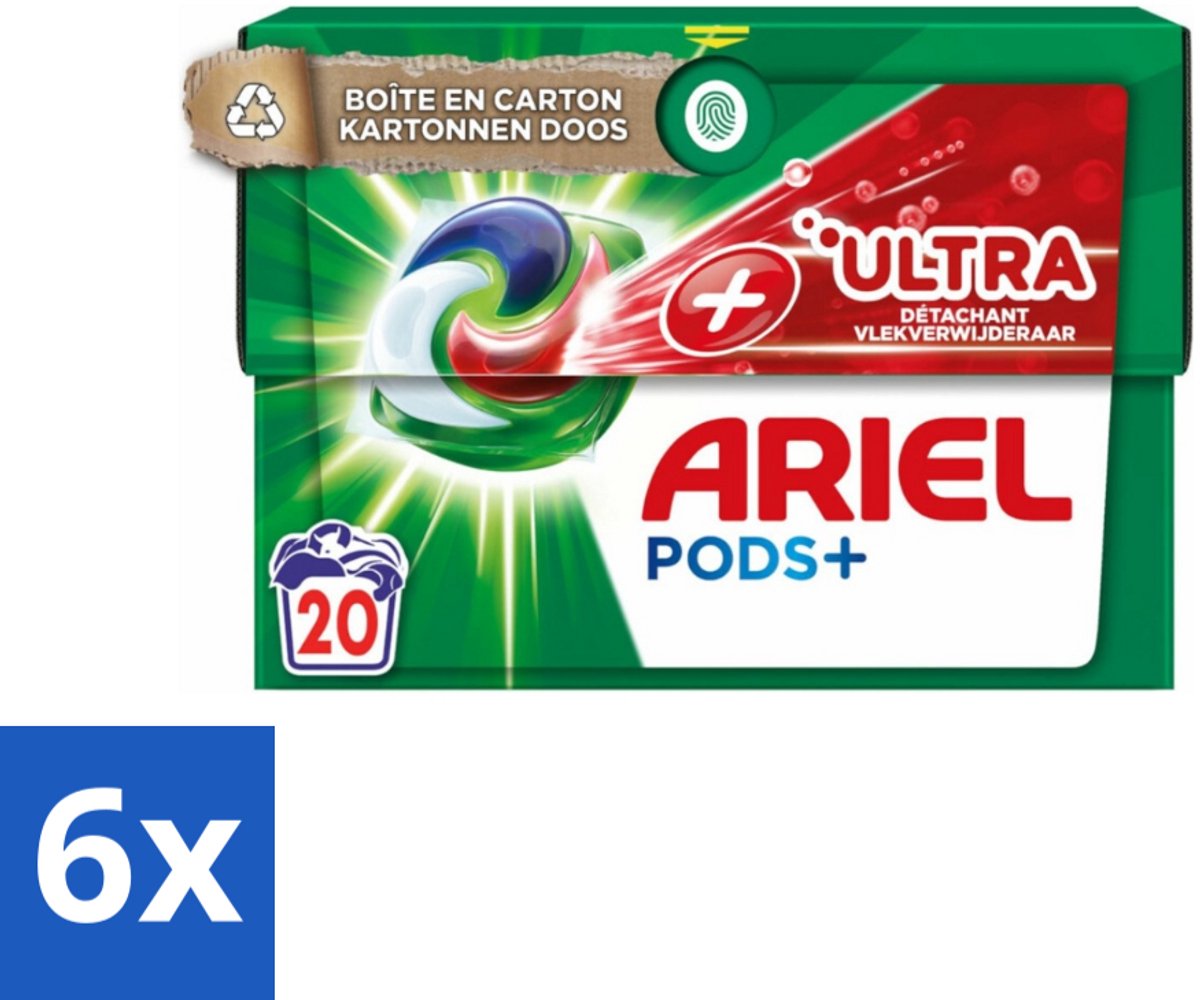 6 x Ariel +Ultra - Vlekverwijderaar & Wasmiddelcapsules - Pods+ - Witte en Gekleurde Was - 20 Wasbeurten - Ariel Pods+ - Wasmiddelcapsules - Vlekkenverwijderaar - Wasmiddel - Wascapsules