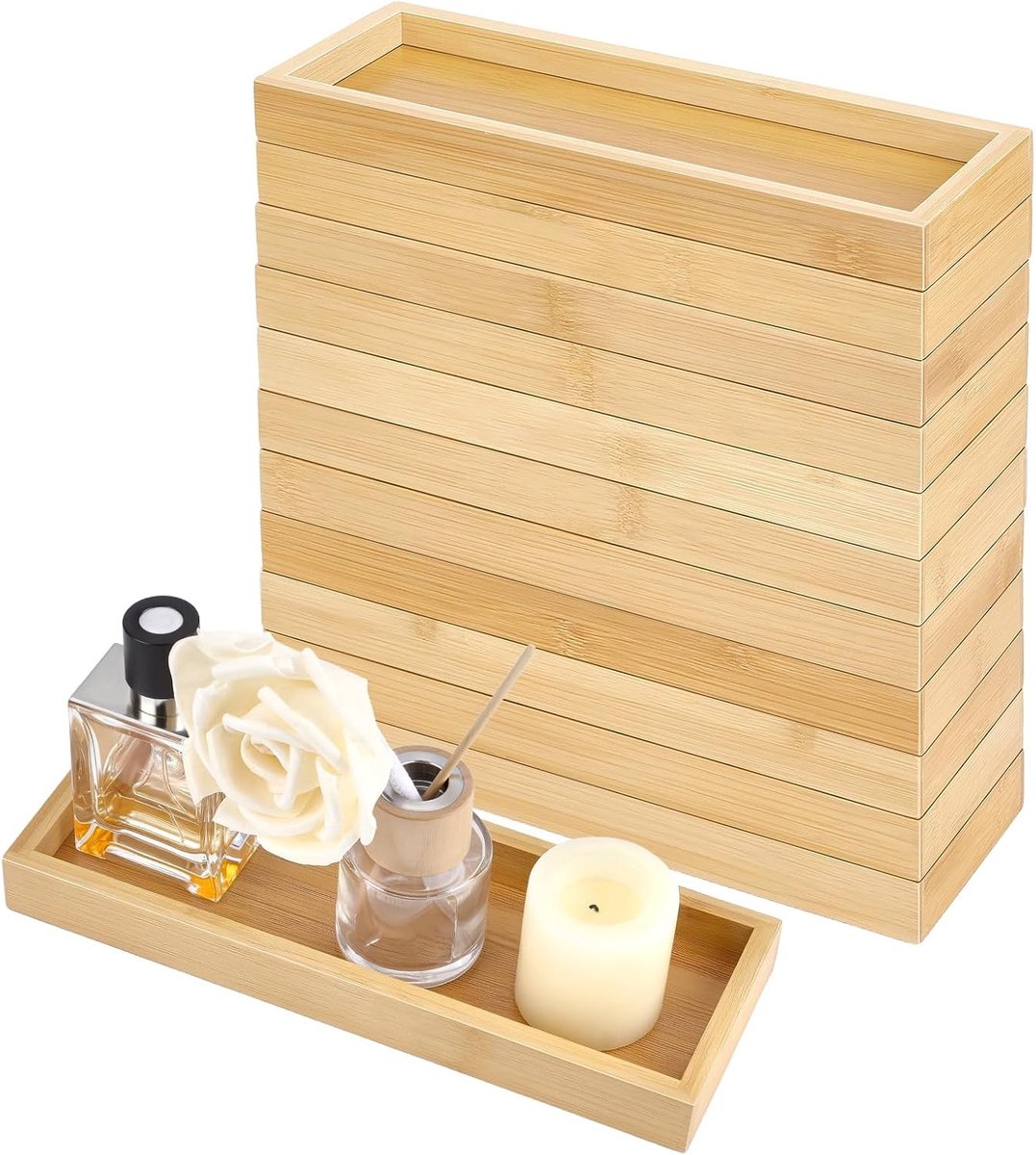 12 Stuks Bamboe Dienbladen 24,9 x 8,9 cm - Natuurlijk Houten Serveerschalen voor Badkamer, Keuken en Eten