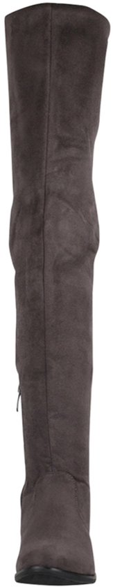 Donkergrijze suède overknee laars, achteraanzicht met ritsdetail aan de zijkant.