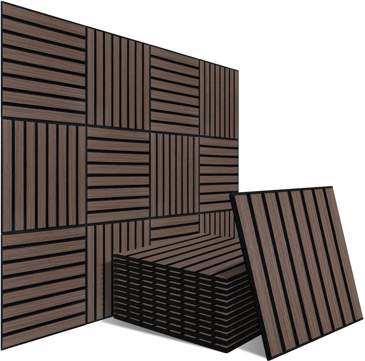 Zelfklevende akoestische viltpanelen – 12 stuks – 30 × 30 cm – houtlook donker walnoot - Houtmotief