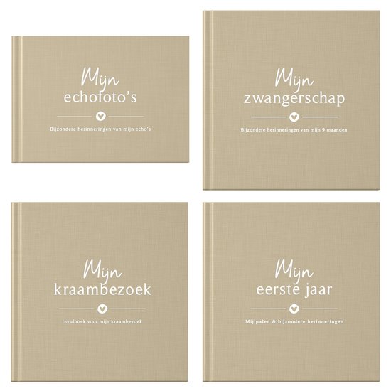 Ensemble de quatre livres à remplir en lin taupe avec texte blanc : 'Mes échos', 'Ma grossesse', 'Ma visite de naissance', 'Ma première année'.