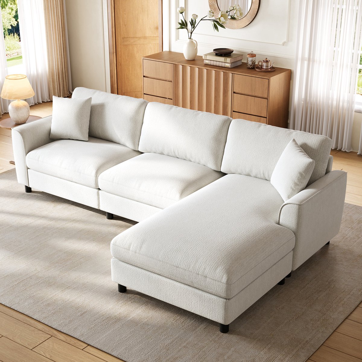 FloraGrace Hoekbank 3-Zits – Omkeerbare Chaise Longue – Met Zachte Chenille Bekleding en Lage Poten – Voor Woonkamer – Beige