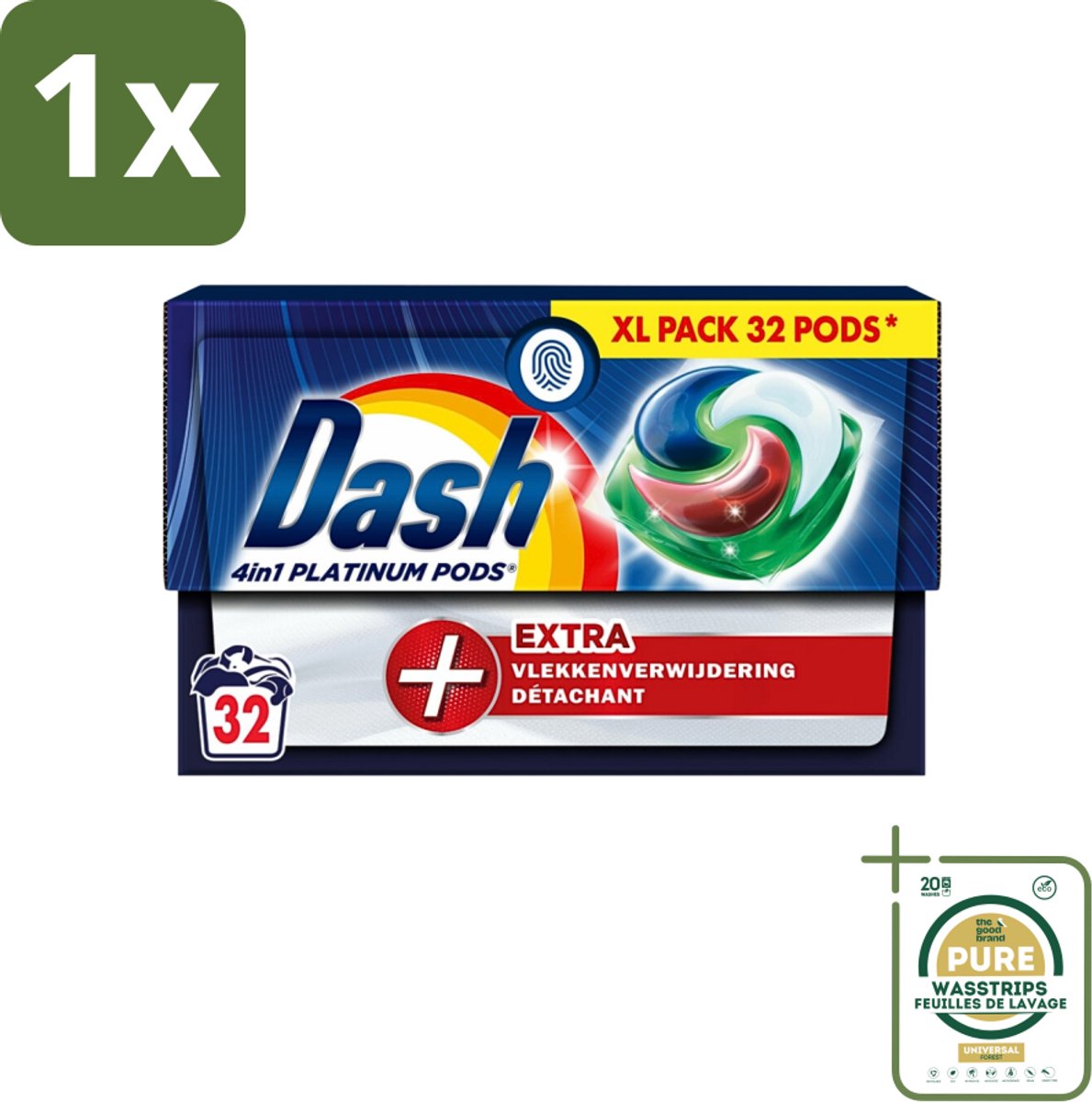 1 x Dash - 4in1 Pods +Extra Vlekkenverwijderaar - Wasmiddelcapsules - Intensieve Reiniging - 32 Wasbeurten- Wasmiddelcapsules - Intensieve Reiniging - Vlekkenverwijdering - 4 In 1 Wasmiddel - Extra Vlekverwijdering