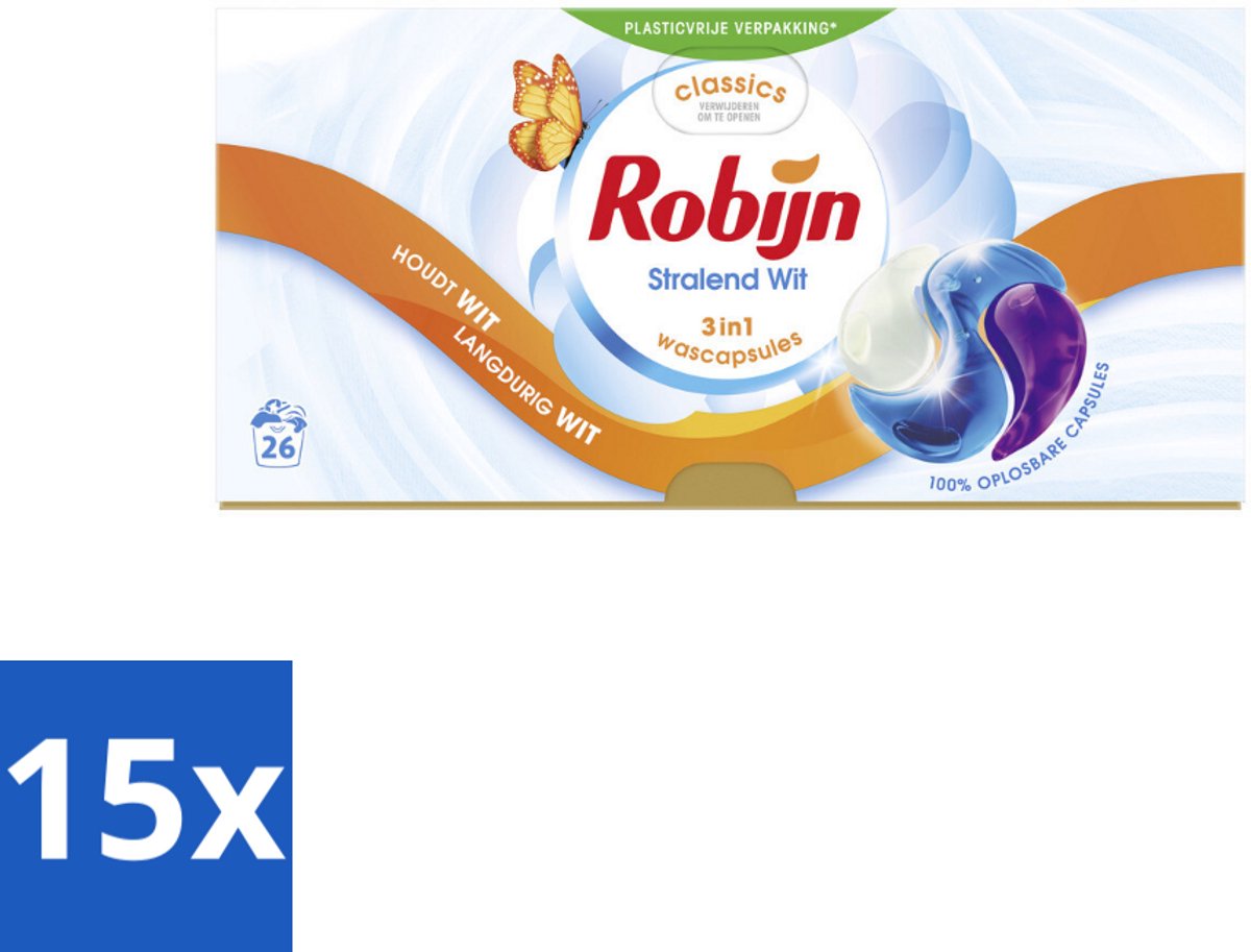 Robijn – 3-in-1 Wascapsules – Stralend Wit - 26 Capsules - Bulkverpakking - 15 stuks