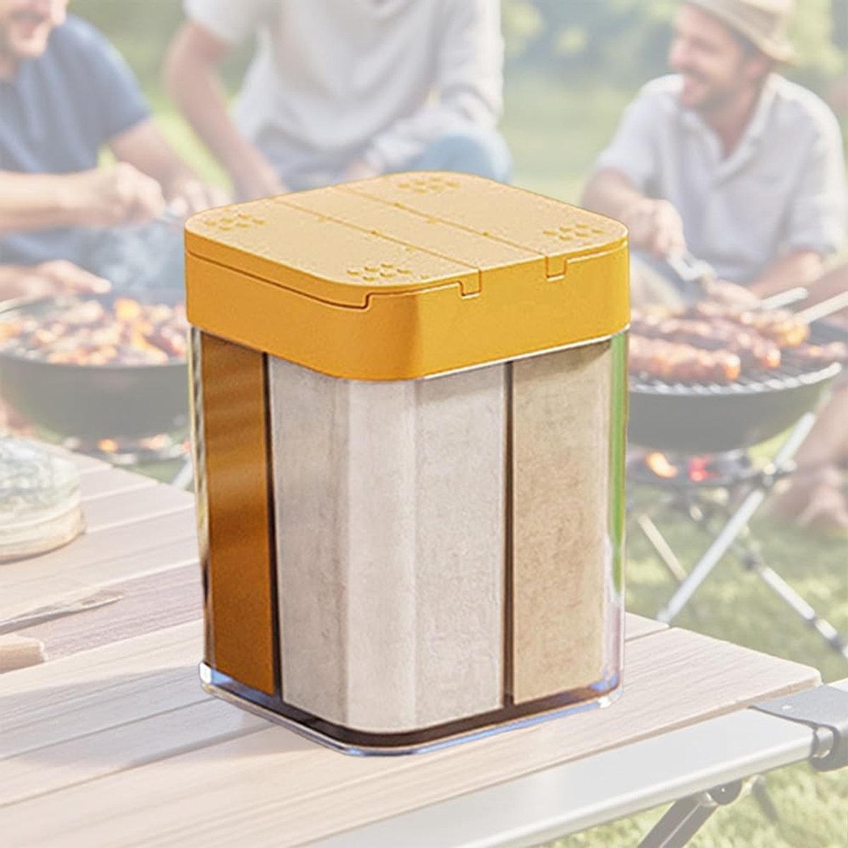4-in-1 Kruidenspreider voor Kamperen, Zout, Peper, Suiker en Chimichurri Mix, Compacte Kruid Organizer voor Buitenkeuken en Barbecue Accessoires