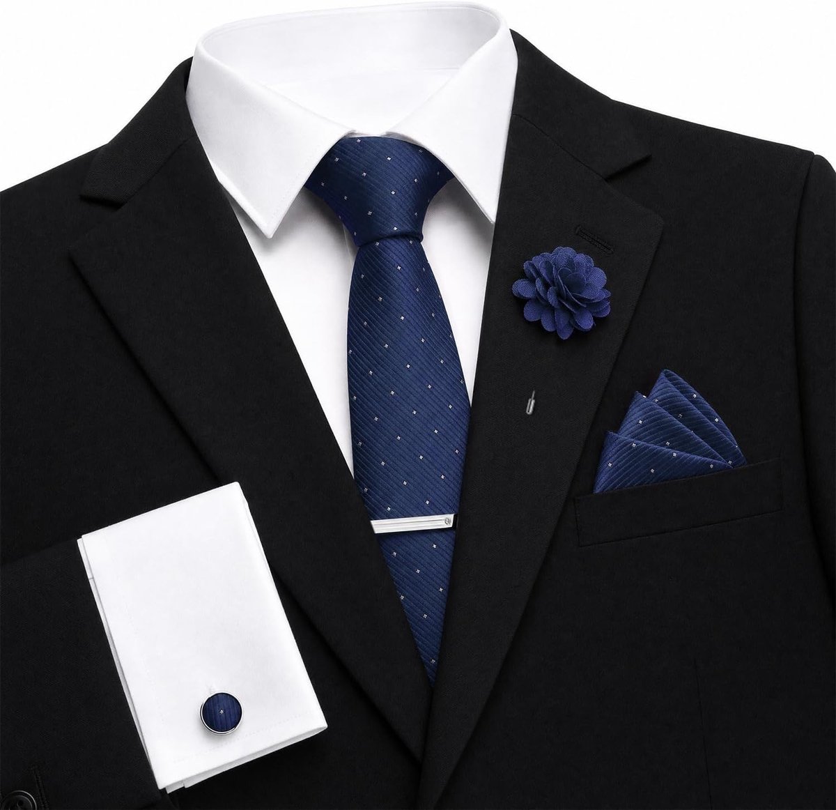 Complete 5-delige Heren Kostuum Accessoires Set met Das, Manchetknopen en Reversspeld voor Feestelijke Gelegenheden