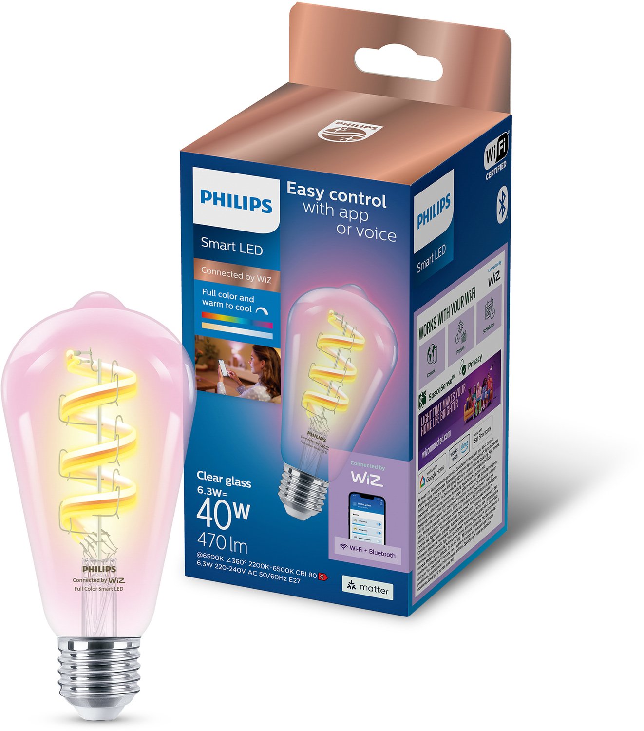 Philips Smart Lighting - LED-filamentlamp - E27 fitting - RGB - Gekleurd en instelbaar wit licht - Dimbaar - 40W - Edisonlamp: ST64 - Helder glas - Wifi