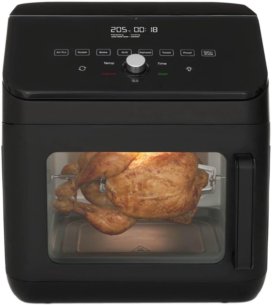 Klarven® Heteluchtoven Zwart - 13 Liter, Airfryer Oven met Draaispit - 7 Functies: Frituren, Grillen, Roosteren en Drogen - B 35 x D 35 x H 38 cm