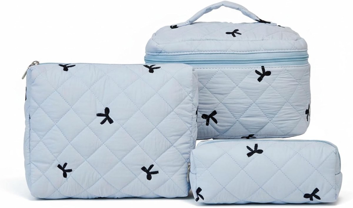 Set van 3 Schattige Gevoerde Make-up Tassen, Reis Cosmetica Organizer met Strikpatroon, Toilettas voor Vrouwen en Meisjes, Blauw en Praktisch voor Op Reis