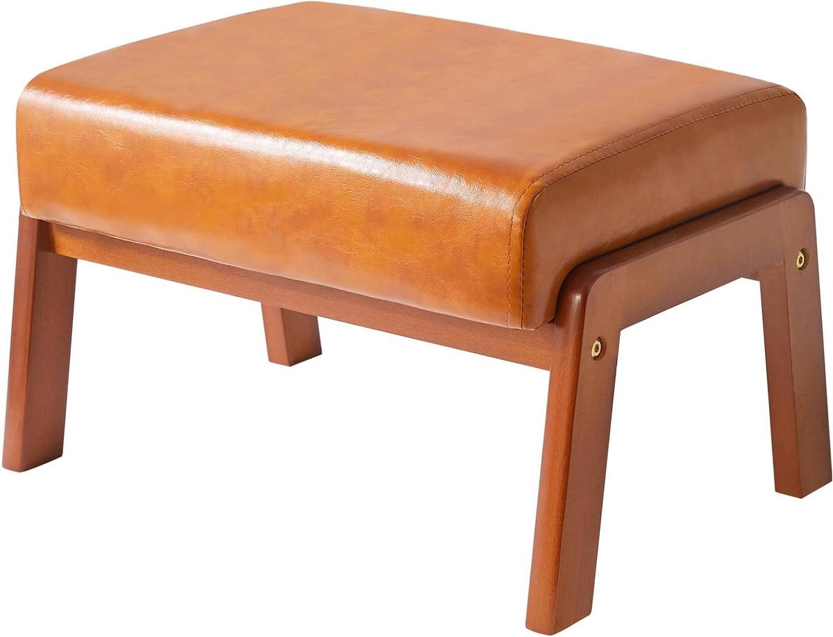 Voetenbank Kruk - Ottomaanse Poef - Voeten Rusten - Stevige Houten Poten - 44 x 15 x 31 cm - Geelbruin