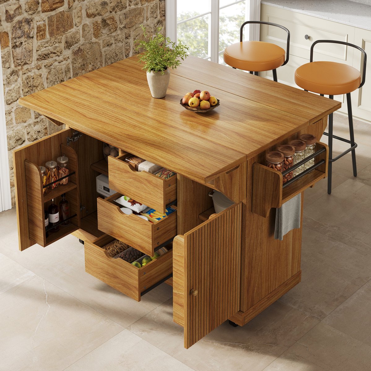COVREO Keukeneiland 142,5x80x95 cm donkerbruin MDF, met 3 lades en wielen