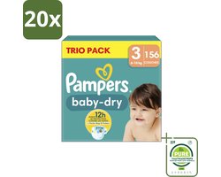 20 x Pampers – Luiers – Baby-Dry Trio Pack Maat 3 (6-10 kg) – 156 Luiers - Grootverpakking - Baby Luiers - Droge Luiers - Anti-lek Luiers - Baby Droogheid - Nachtluier