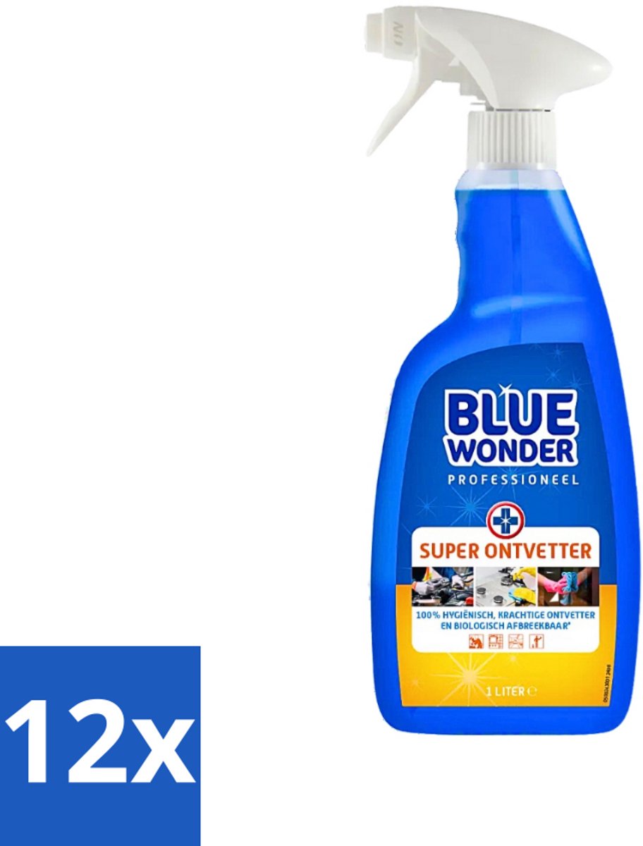 12 x Blue Wonder Professionele Superontvetter Spray 1 liter - Superontvetter - Ontvetter Spray - Keukenreiniger - Badkamerrreiniger - HG