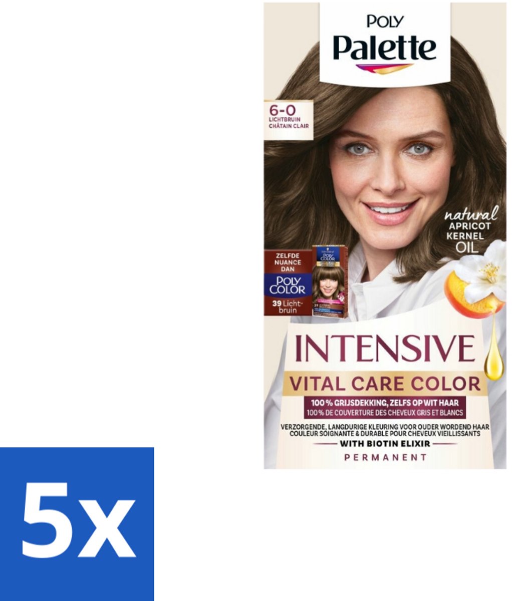 5 x Poly Palette – Haarverf – 6-0 Lichtbruin – 115 ml - Haarkleur - Haarkleuring - Grijsdekking - Lichtbruin - Permanente Haarkleuring