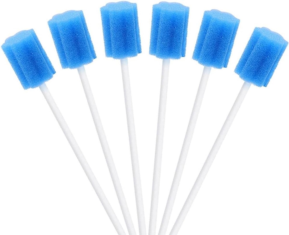 Set van 100 Wegwerp Oral Care Swabs voor Mondhygiëne, Katoenen Q-tips en Sponsjes in Blauw