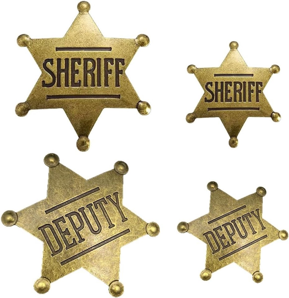 Set van 4 metalen sheriffster badges voor cowboy kostuum, hoogwaardige pins voor carnaval en themafeesten, robuuste westernaccessoires in goud.