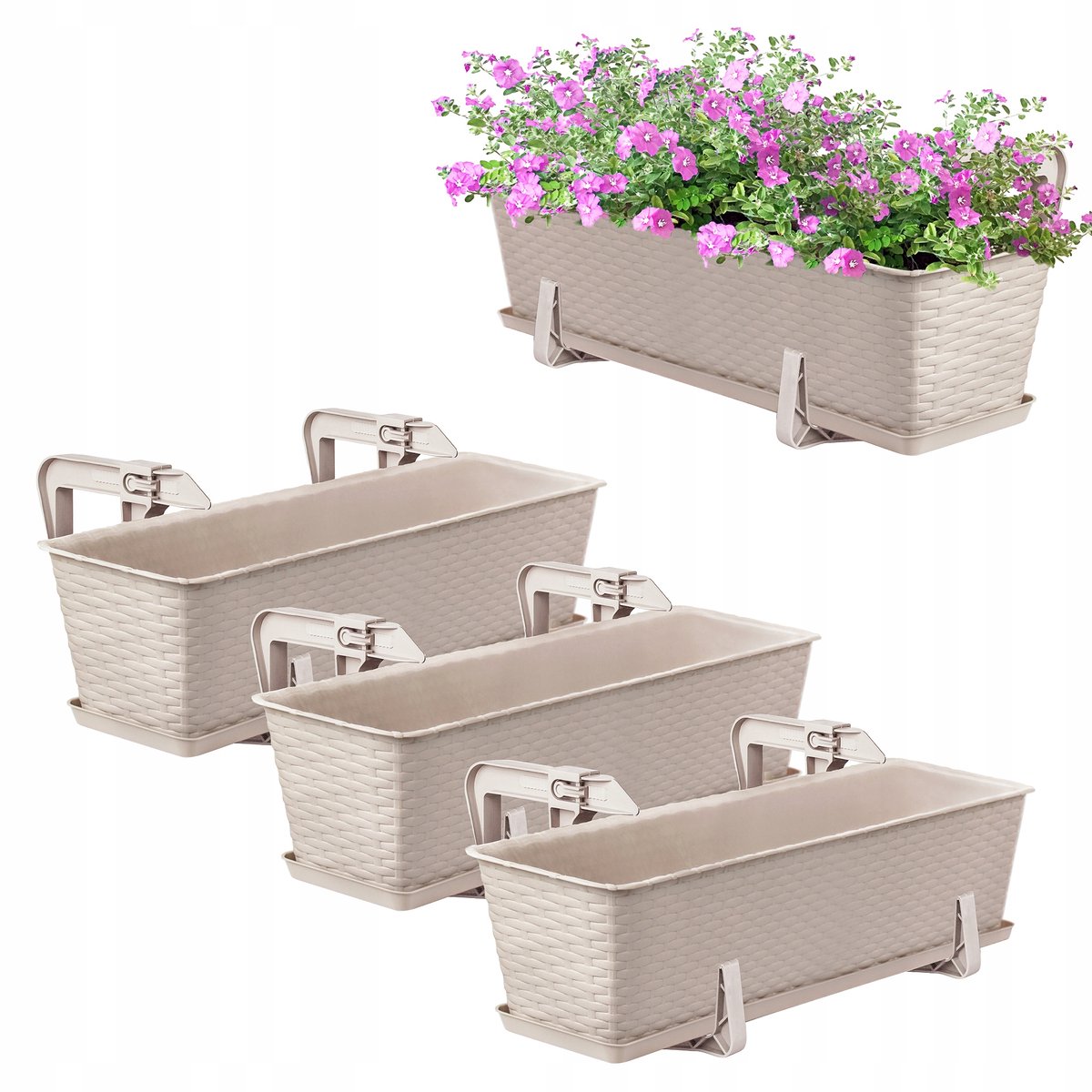 Set van 3 Beige Balkon Bloempotten met Ophangbeugels - 60cm