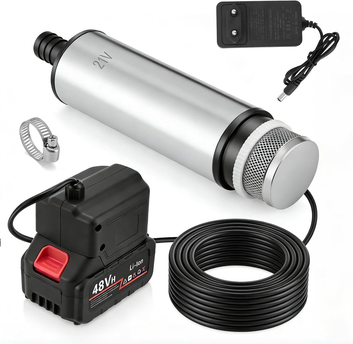 Regentonpomp op accu - 18 V - 3 m kabel - Draagbare water- en oliepomp voor tuin, auto, zwembad, camping, kelder, vijver