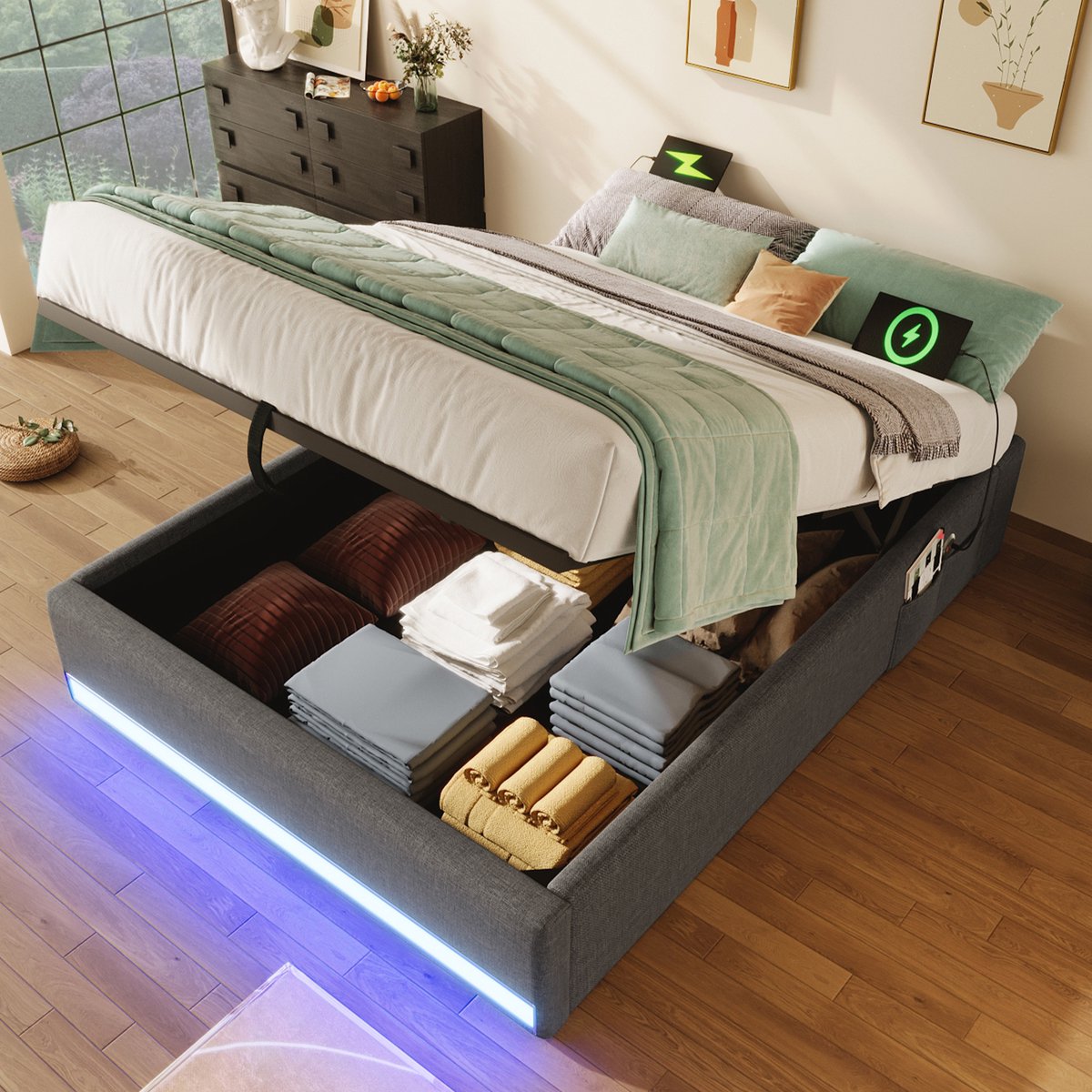 Sweiko Eenpersoonsbed - 90 x 200 cm - LED-verlichting - USB/Type-C - Zonder hoofdeinde - Grijs
