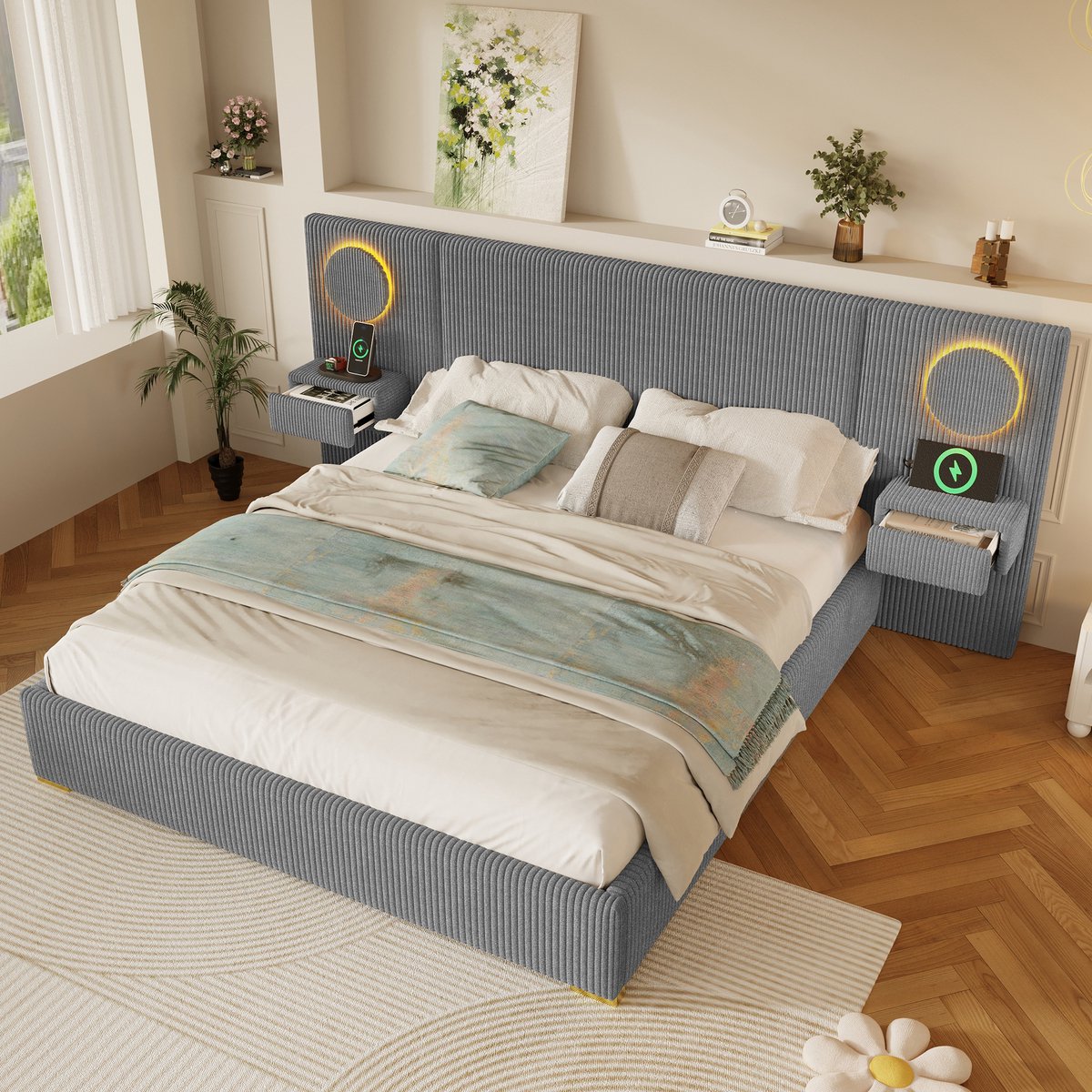 Kinderbed, 180x200 cm fluweel stof gestoffeerd bed met LED-hoofdeinde, USB-poorten & nachttisch laden, grijs