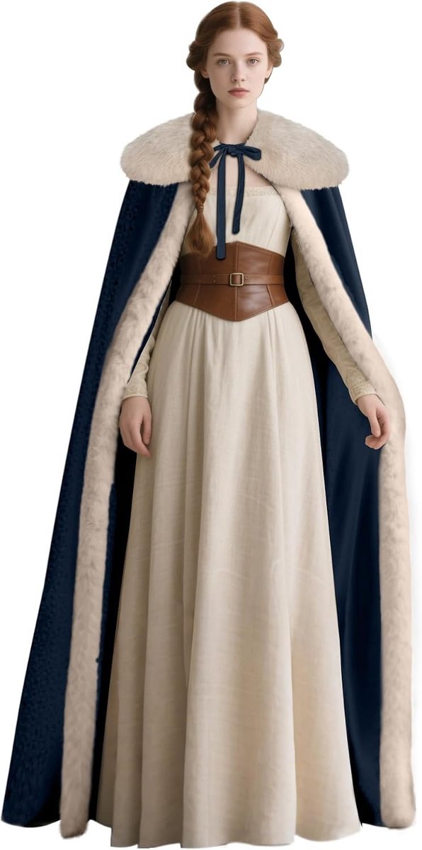 Renaissance Fluwelen Cape met Viking Bontkraag voor Dames Halloween Kostuum en Feestkleding