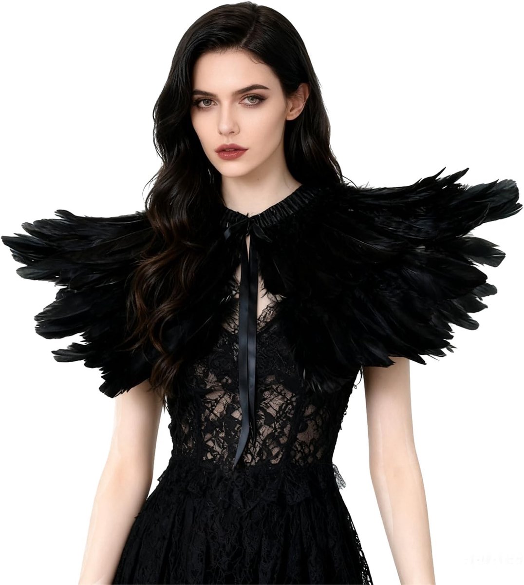 Gothic veren poncho met epauletten en strik, ideaal voor Halloween en feestkostuums