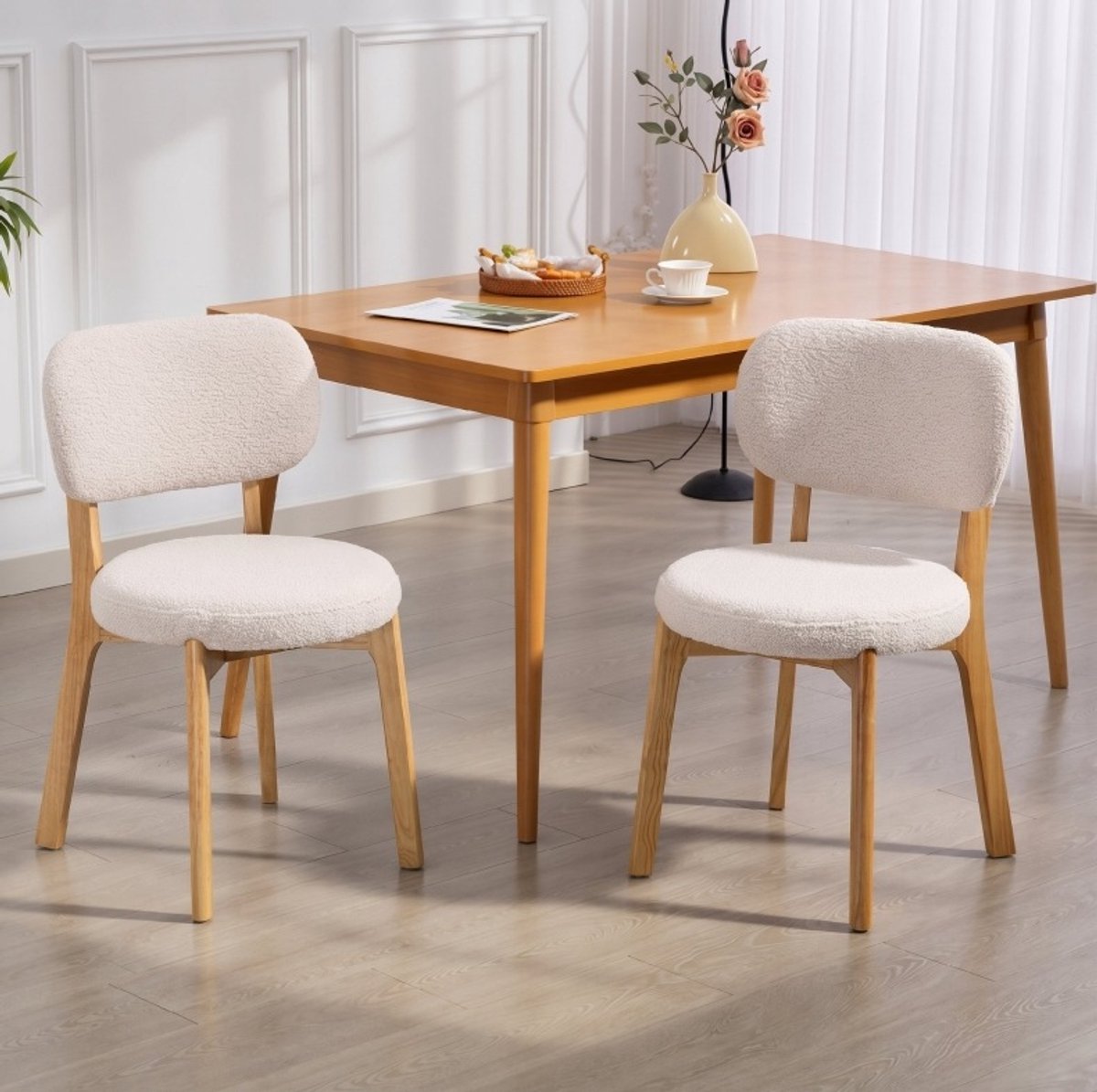DESMIU Eetkamerstoel Set Van 2 - Comfortabele Bouclé Zitting Met Houten Poten - Voor Eetkamer En Keuken - Hout - Crème