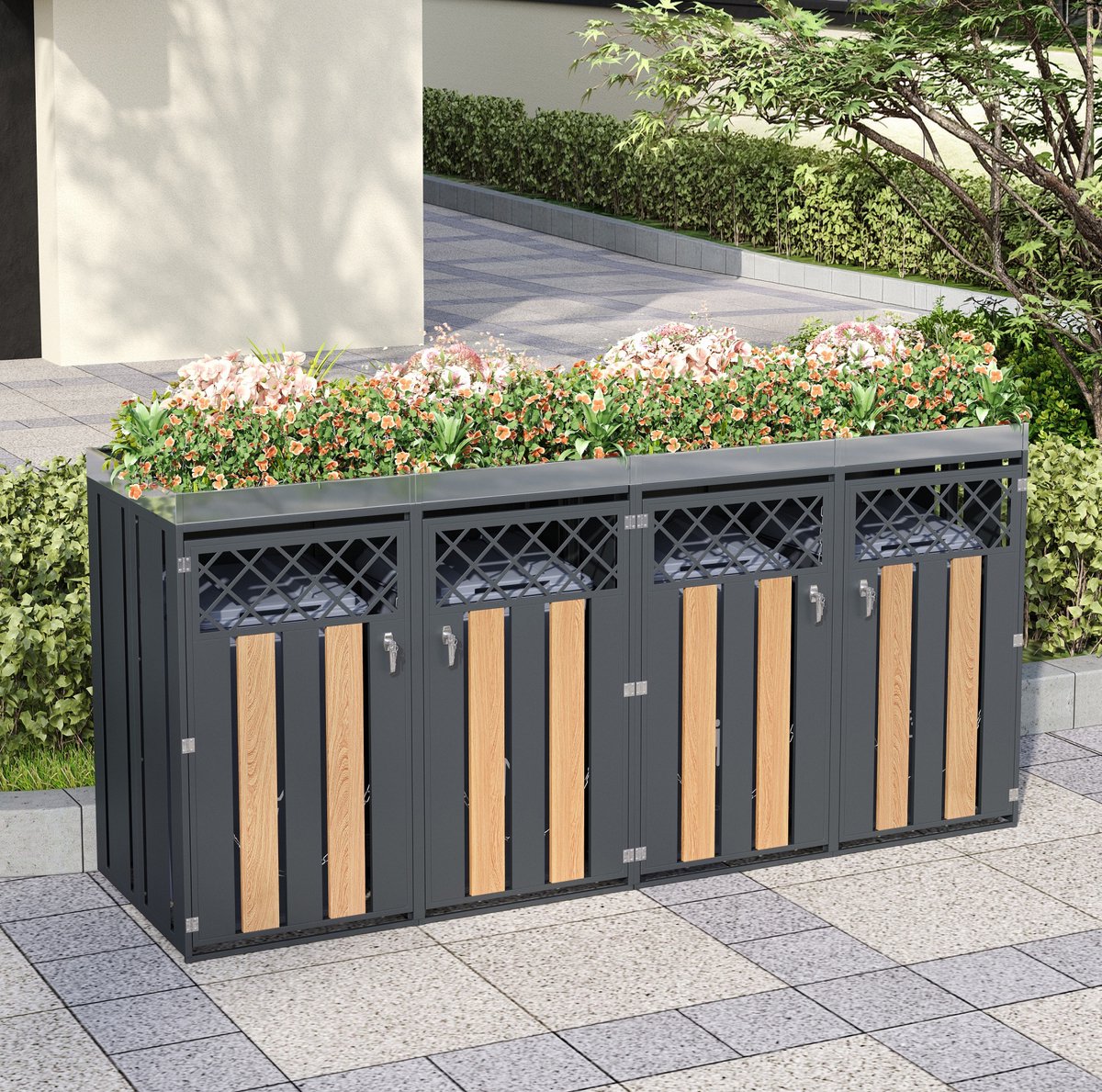 COVREO Containerberging 132x80x124,5 cm grijs houtlook metaal, 4 vakken