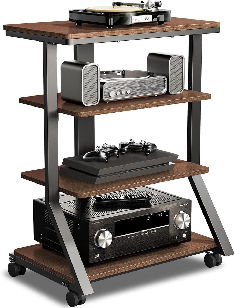 Audiorek Meubel - Mediastandaard 4 Niveaus - Entertainment Opslag - Verrijdbaar Zwenkwielen - 63.5 x 45.1 x 85.7 cm - Bruin