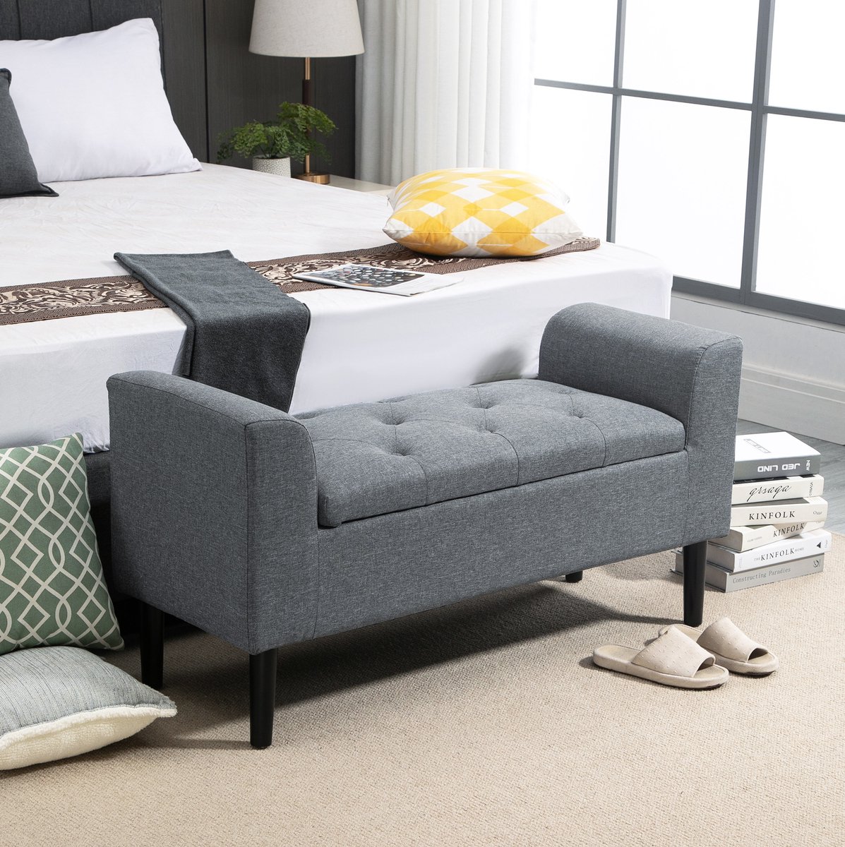 REDOM - Bedbank met opbergruimte - Leinenoptik polyester bekleding - Houten poten - Klassieke stijl - Voor woonkamer, slaapkamer en hal - Lichtgrijs - 116 x 44 x 58 cm