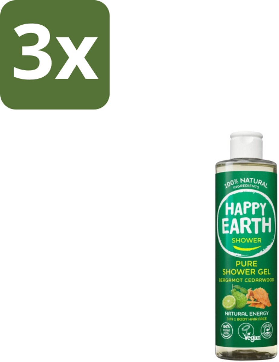 3 x Happy Earth – Douchegel – 100% Natuurlijk Bergamot Cedarwood – 300 ml - Douchegel Bergamot Cederhout - Natuurlijke Douchegel - Vegan Douchegel - Biologische Douchegel - Douchegel Zonder SLS